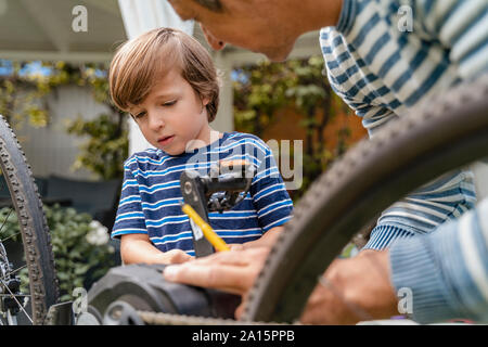 Padre e figlio di riparazione di una bicicletta in giardino Foto Stock