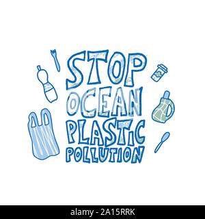 Arresto in plastica oceano dell'inquinamento. Problema ecologico emplem. Vettore testo stilizzato. Illustrazione Vettoriale