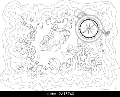 Bianco e nero modello di mappa con abstract topografica delle linee di contorno di montagne, la latitudine e la longitudine linea, topografia mappa art disegno con nessun na Illustrazione Vettoriale