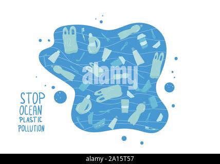Arresto in plastica oceano dell'inquinamento. Problema ecologico emplem. Vettore testo stilizzato. Illustrazione Vettoriale