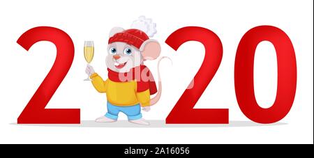 Felice Anno Nuovo biglietto di auguri con il numero 2020 e divertente rat in luogo di zero tenendo un bicchiere di champagne. Illustrazione Vettoriale su sfondo bianco Illustrazione Vettoriale