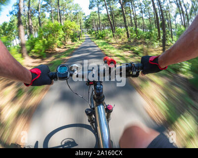Francia, Landes, senior uomo su e-bike nella Foresta Foto Stock