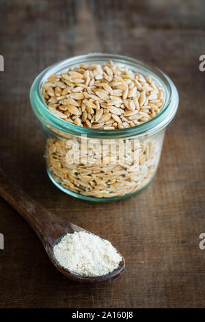 Grani antichi, Einkorn Weat nel vasetto di vetro come il grano e farina Foto Stock