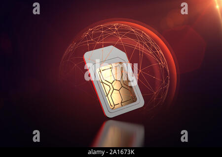 Dati mobili esposti ad attacchi informatici nonostante una sorta di protezione della scheda SIM. Il trasferimento dei dati il concetto di sicurezza. Il rendering 3D Foto Stock