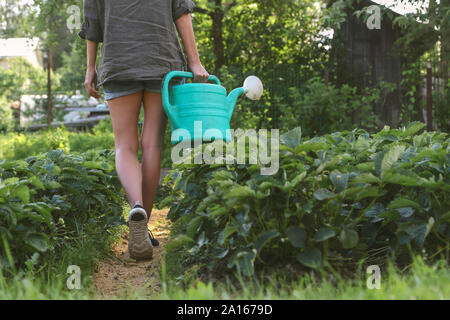 Close-up di donna con l'innaffiamento può camminare nel giardino Foto Stock