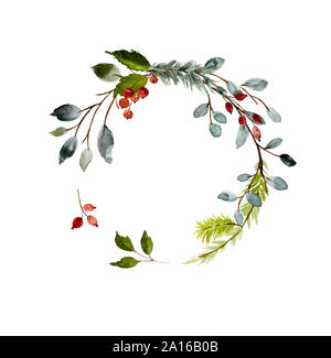 Disegnato a mano illustrazione ad acquerello. Ghirlanda di Natale con l'inverno di bacche e di rosa canina Foto Stock