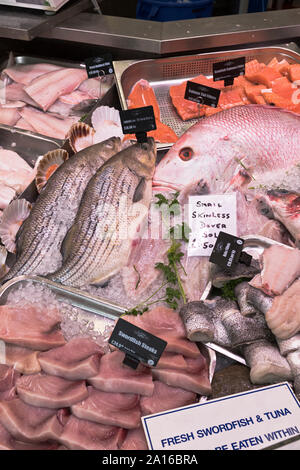 Dh mercato Cardiff Cardiff Galles venditori di pesce di stallo contatore Welsh pesce frutti di mare Foto Stock