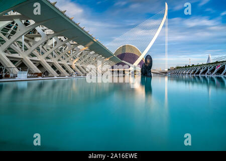 Pont de l'Assaut de l'o-cavo alloggiato bridge, Città delle Arti e delle scienze o Ciudad de las Artes y las Ciencias, Valencia, Comunidad Valenciana, Spagna Foto Stock