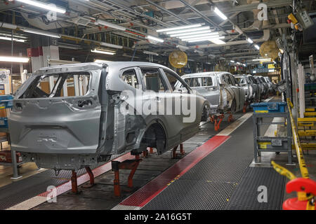 Linea di montaggio di produzione di civica e SUV vetture alla Honda fabbrica in Alliston, Ontario, Canada, America del Nord Foto Stock