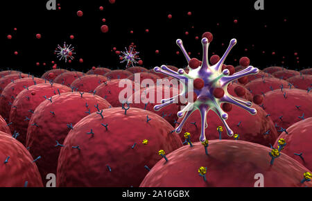 Campo di cellule con recettori, sistema immunitario umano l'attacco di virus, i leucociti attacco di virus Foto Stock