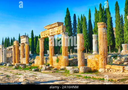 Rovine di collonaded street vicino all'Arco di Domiziano Hierapolis, Turchia Foto Stock