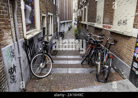 AMSTERDAM, PAESI BASSI,SETTEMBRE, 05, 2019: tramonto in Amsterdam.Il parcheggio per le bici e il tradizionale stile olandese antico di edifici.Il mercato dei fiori sul singolo canale, Antille Foto Stock