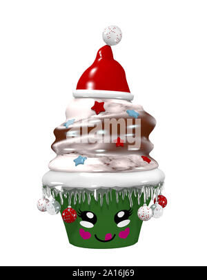 Carino cupcake per natale con natale e baubles volto sorridente. 3D rendering isolato su bianco Foto Stock