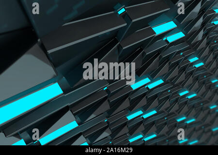 3D Rendering illustrazione. Concetto astratto Tech wallpaper con elementi 3D con luce a led in aumento. Profondità di campo, Bokeh, vetro riflessioni, futuristi. Foto Stock