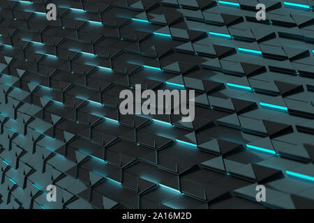 3D Rendering illustrazione. Concetto astratto Tech wallpaper con elementi 3D con luce a led in aumento. Profondità di campo, Bokeh, vetro riflessioni, futuristi. Foto Stock