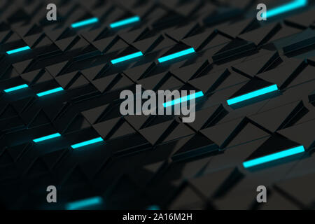 3D Rendering illustrazione. Concetto astratto Tech wallpaper con elementi 3D con luce a led in aumento. Profondità di campo, Bokeh, vetro riflessioni, futuristi. Foto Stock