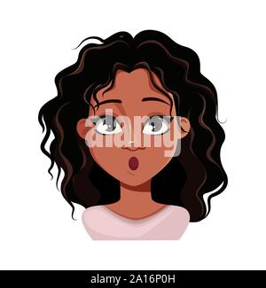L'emozione della bella giovane africano donna americana, sorpreso. Faccia espressione di carino lady. Illustrazione Vettoriale su sfondo bianco Illustrazione Vettoriale