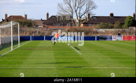 Dilettante locale partita di calcio tra città Billingham e Easington Colliery nel nord-est dell' Inghilterra,UK.il portiere prende un obiettivo calcio.Uno spectatator. Foto Stock