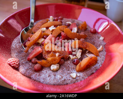 Vicino di casa fatta paleo porridge realizzato dal pieno di grasso di latte di cocco e semi con frutta organica e dadi e senza zuccheri aggiunti Foto Stock