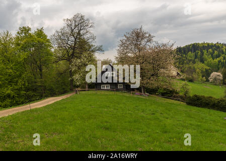 Primavera su Filipka in Beskydy Slezske montagne nella Repubblica Ceca con casa in legno, prati, alberi fioriti, trail e Loucka hill sulla backgrou Foto Stock