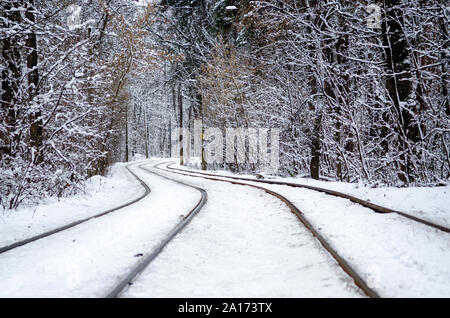 I binari del tram in inverno boschi innevati, coperto di neve. Urbano paesaggio invernale Foto Stock