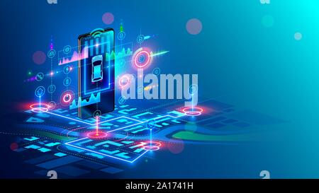 Virtuale isometrica interfaccia astratta di intelligente sistema autoradio e navigatore GPS sulla schermata pensile di sopra dello smartphone mappa digitale della città. Car Sharing Illustrazione Vettoriale