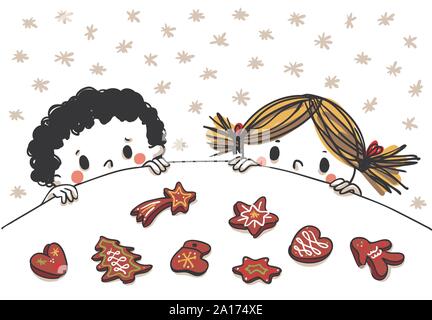 Un ragazzo e una ragazza che desiderano mangiare i biscotti di Natale - vettore orizzontale drawin Illustrazione Vettoriale