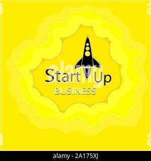 Avvio aziendale . Una silhouette nera, un razzo si stende dalle nuvole . Giallo. Il nome dell'avvio nero. Vettore Illustrazione Vettoriale