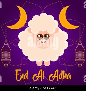 Eid al Adlha poster con crescent e pecore - illustrazione vettoriale Illustrazione Vettoriale