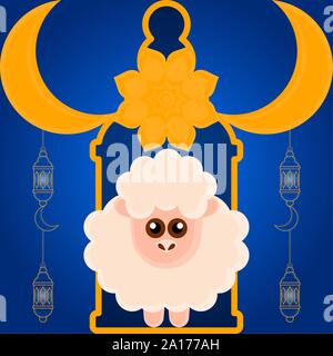 Eid al Adlha poster con crescent e pecore - illustrazione vettoriale Illustrazione Vettoriale