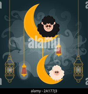 Eid al Adlha poster con le pecore, lanterne e crescent - illustrazione vettoriale Illustrazione Vettoriale