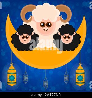 Eid al Adlha poster con le pecore, ram, crescent e lanterne - illustrazione vettoriale Illustrazione Vettoriale