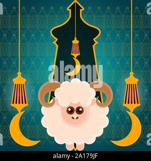 Eid al Adlha poster con una ram e lanterne - illustrazione vettoriale Illustrazione Vettoriale