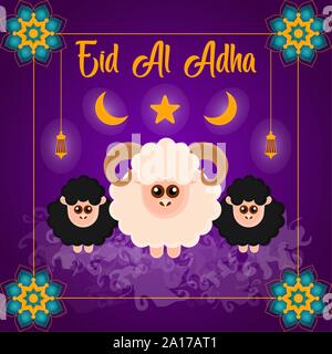 Eid al Adlha poster con le pecore, ram di arabeschi e lanterne - illustrazione vettoriale Illustrazione Vettoriale