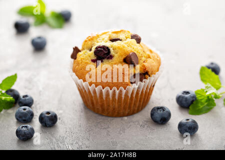 Chocolate Chip e muffin ai mirtilli con latte Foto Stock