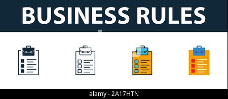 Le regole di business icon set. Simbolo di Premium in stili diversi dal servizio clienti raccolta di icone. Azienda creativa icona regole riempito, contorno Illustrazione Vettoriale