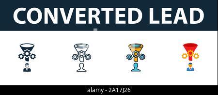 Lead convertiti icon set. Simbolo di Premium in diversi stili dal crm raccolta di icone. Creative lead convertiti riempita icon, contorno, colorata e piatto Illustrazione Vettoriale