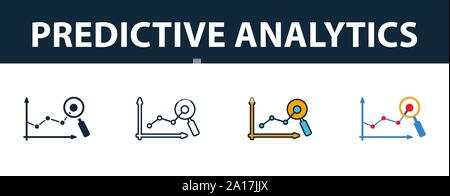 Analisi predittiva icon set. Simbolo di Premium in diversi stili dal crm raccolta di icone. Creative analisi predittiva riempita icon, contorno Illustrazione Vettoriale