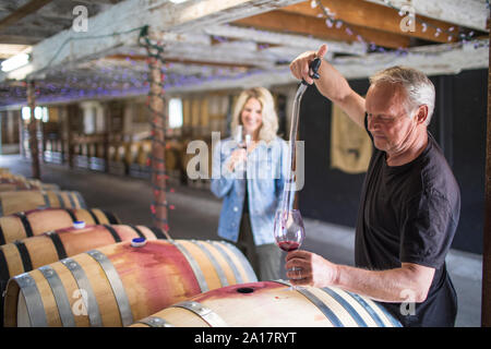 Gli estratti di sommelier vino da una botte durante un tour del vino. Foto Stock