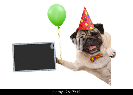 Frolic sorridente festa di compleanno pug dog con palloncino e hat decorazione azienda lavagna vuota segno, isolati su sfondo bianco Foto Stock