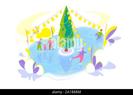 Pattinaggio sul ghiaccio la gente sulla pista di pattinaggio su ghiaccio con albero di Natale. Nevoso inverno vacanze concetto. Piatti stagionali modello su sfondo bianco. Vacanze di Natale carta. Isolato illustrazione vettoriale su sfondo bianco. Illustrazione Vettoriale
