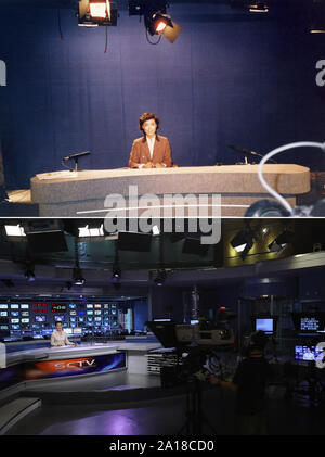 (190925) -- PECHINO, Sett. 25, 2019 (Xinhua) -- Top: File foto scattata nel 1989 e fornito da Zhong Xiaoxia mostra TV hostess Zhong broadcasting news in un studio di TV del Sichuan a Chengdu, Cina sud-occidentale della provincia del Sichuan.inferiore: Fotografia scattata a luglio 16, 2019 da Jiang Hongjing mostra Zhong Xiaoxia broadcasting news in un studio del Sichuan la Radio e la televisione a Chengdu. Nel 1949 quando la Repubblica popolare cinese è stata fondata, il popolo cinese si è trovata di fronte ad un paese devastato che doveva essere ricostruita da zero dopo decenni di guerra e caos. Dopo decenni di sforzi incessanti un Foto Stock