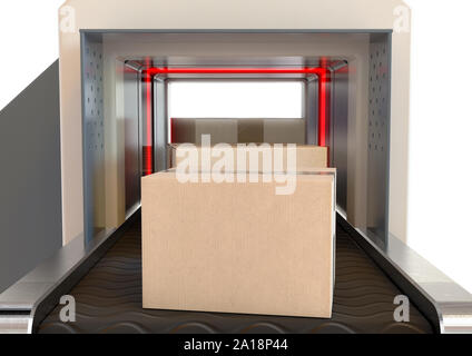 Una scatola di cartone in fase di esame da luci rosse mentre attraversano un bagaglio scanner isolato su un background - 3D render Foto Stock