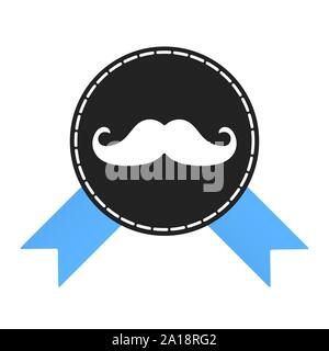 Il cancro della prostata consapevolezza informazioni di simbolo. Gli uomini di supporto etichetta badge con nastro blu, mustaches e badge pin piatto design stile illustrazione vettoriale Illustrazione Vettoriale