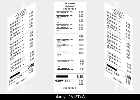 Disegno vettoriale. Serie di assegni circolari su sfondo grigio. Business, commercio elettronico Illustrazione Vettoriale