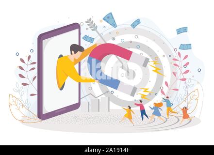 Attirare i clienti potenziali. Le comunicazioni di marketing con il pubblico di destinazione. Illustrazione Vettoriale