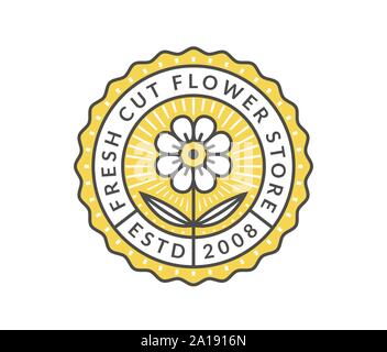 Negozio di fiori emblema isolato su uno sfondo bianco. Template vettoriale per logo floreale in contorno colorato stile. Illustrazione Vettoriale
