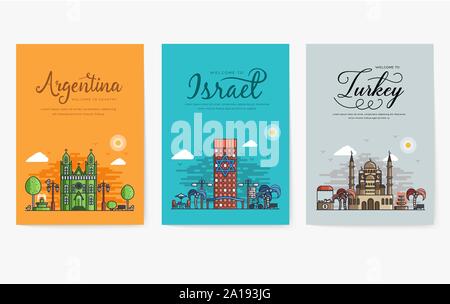 Set di diverse città per le destinazioni di viaggio. I punti di riferimento modello di pagina di intestazione di flyer, riviste, poster, la copertina del libro, banner. Layout piano architettonico moderno illustrazioni Illustrazione Vettoriale