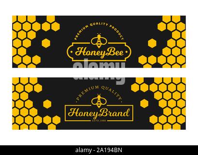 Striscioni con nido d ape e logo per il miele naturale prodotti. Modelli di vettore. Nero orizzontale e le etichette di colore giallo isolato su uno sfondo bianco. Illustrazione Vettoriale