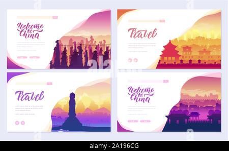 Top rated attrazioni turistiche in Cina brochure set di schede. Migliori attrazioni turistiche in Cina il modello di flyear, banner web, ui intestazione, immettere concetto di sito sfondo. Layout cursore moderno Illustrazione Vettoriale